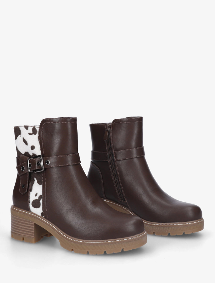 Bottines en simili à détail imprimé vache - Marron - 4