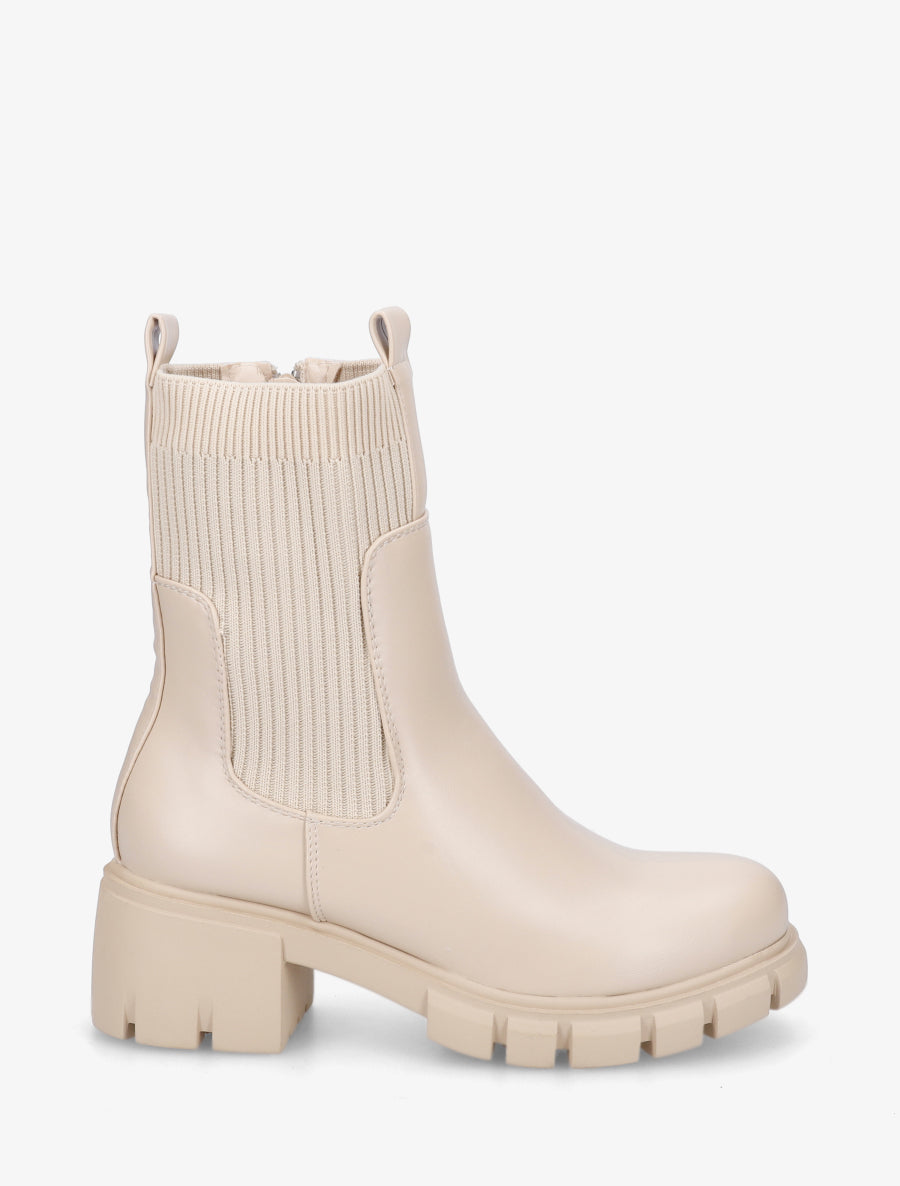 Bottines montantes bi-matière à semelle crantée - Beige - 1