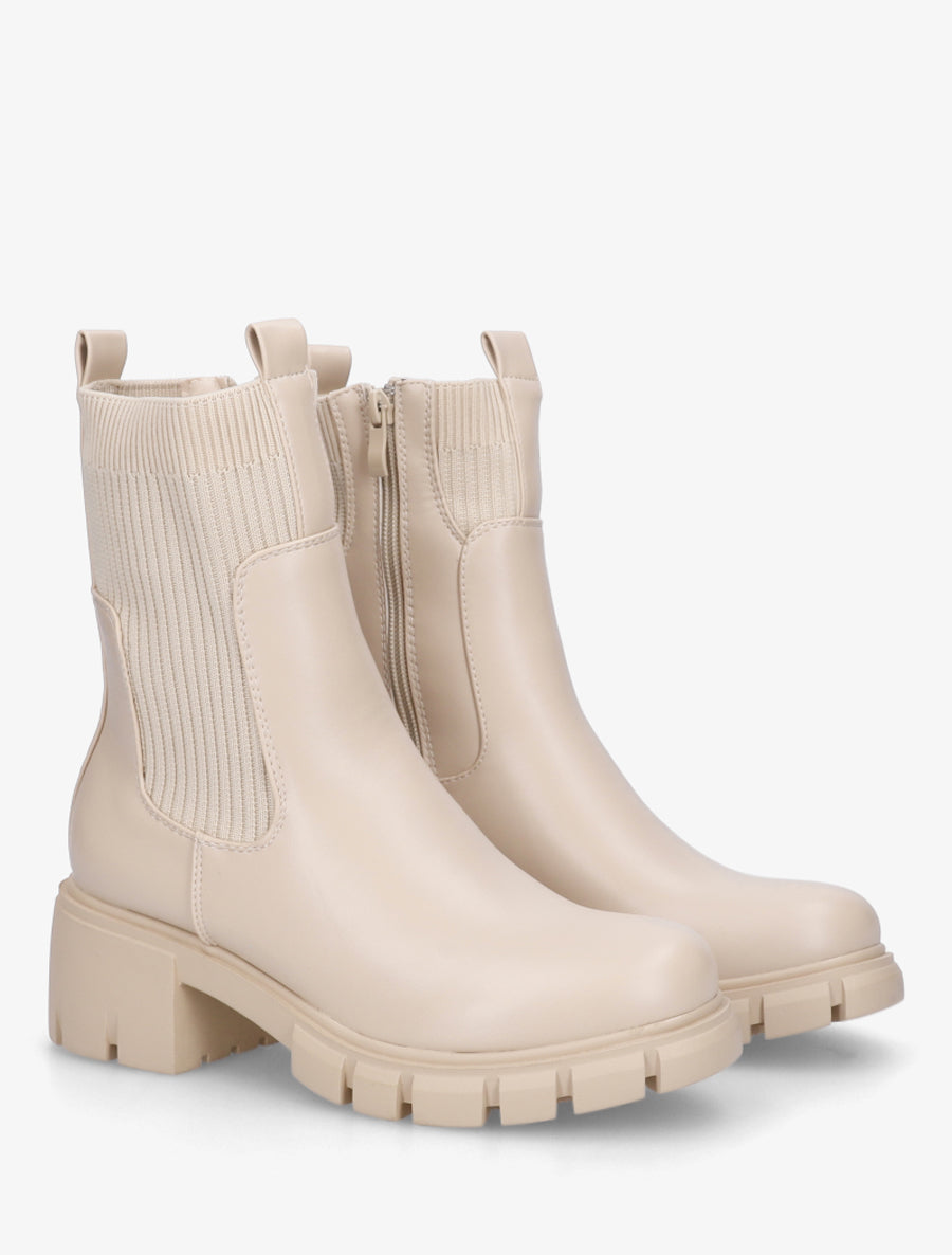 Bottines montantes bi-matière à semelle crantée - Beige - 4