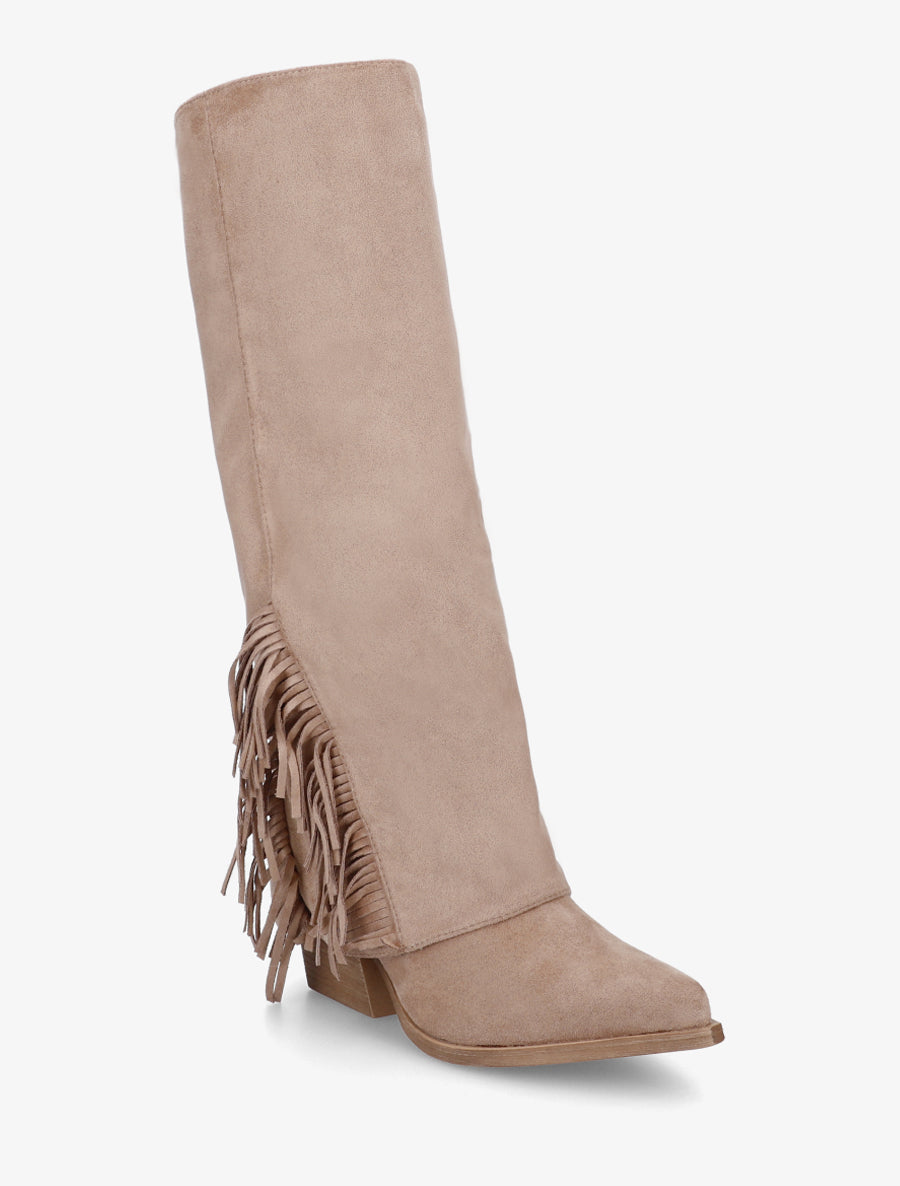 Bottes à franges et revers en suédine - Taupe - 2