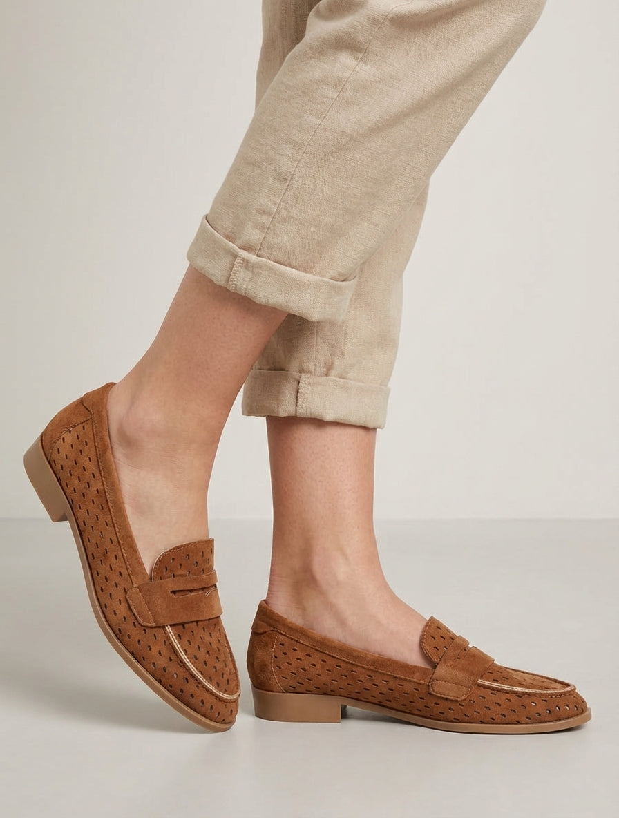 Geperforeerde mocassins van suèdine - Kameel