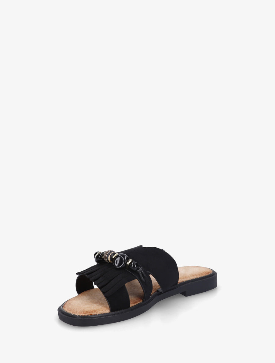 Mules en suédine à franges et perles - Noir - 3
