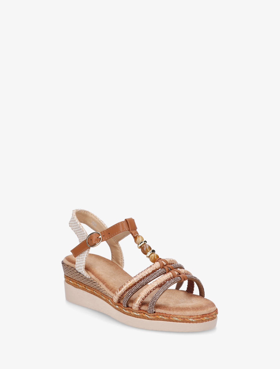 Sandales à brides tressées et strassées - Camel - 2