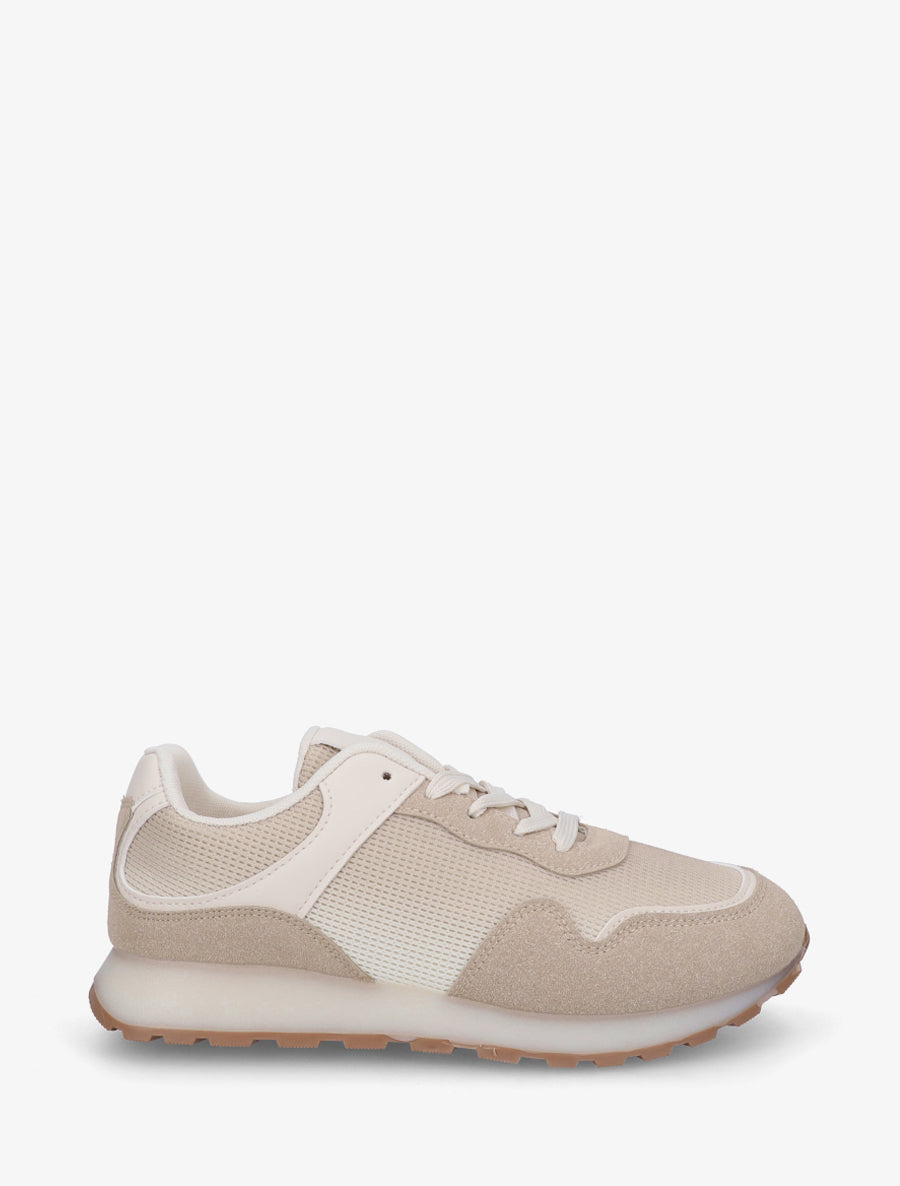 Sneakers bi-matière à semelle épaisse - Beige - 1