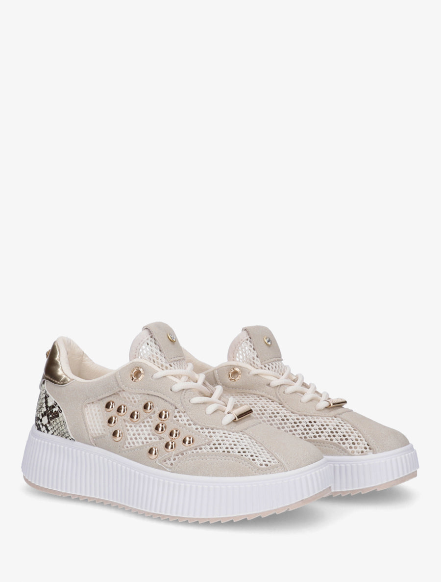 Baskets ajourées à strass et plateforme striée - Beige - 4