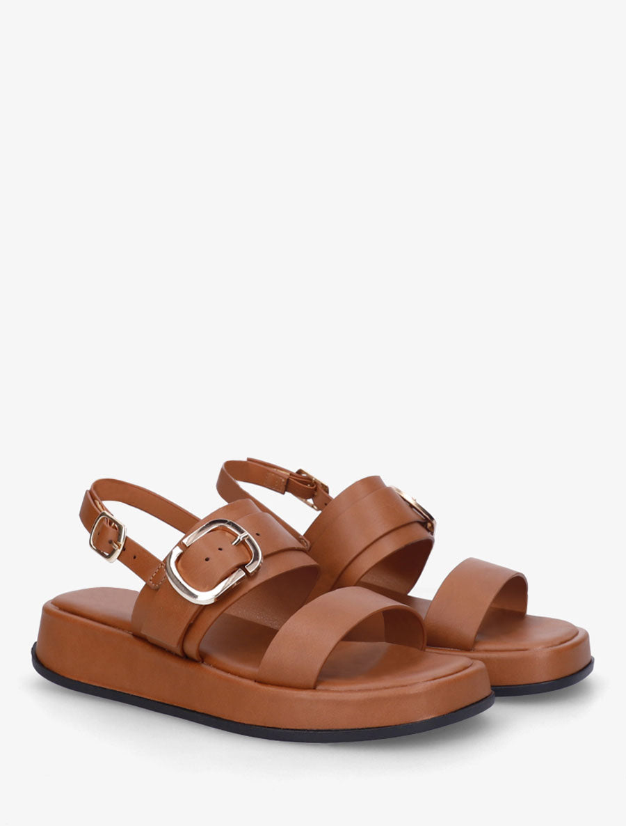 Nu-pieds uni en simili à double boucles - Camel - 4