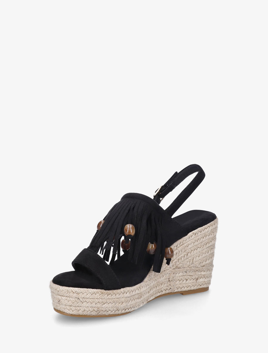 Sandales compensées à franges en suédine - Noir - 3