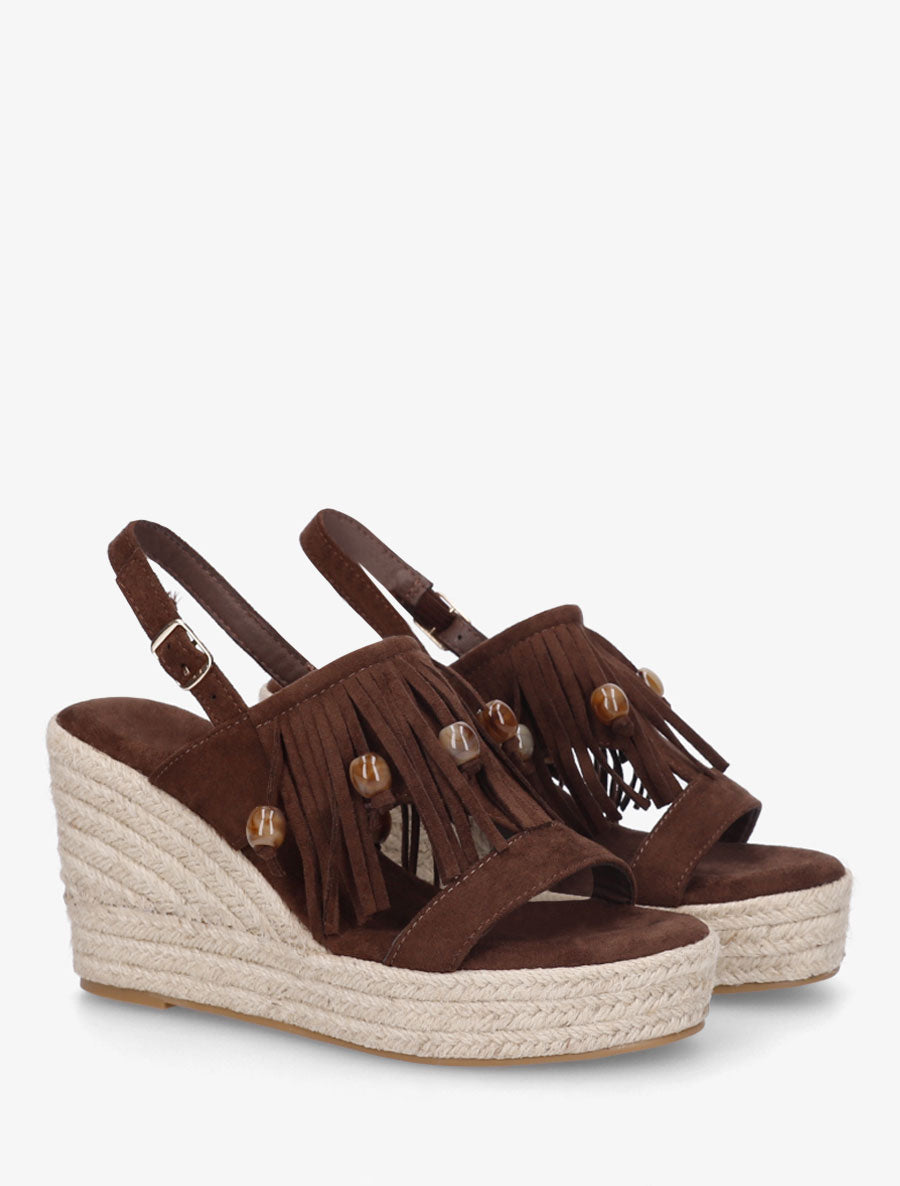 Sandales compensées à franges en suédine - Marron - 4