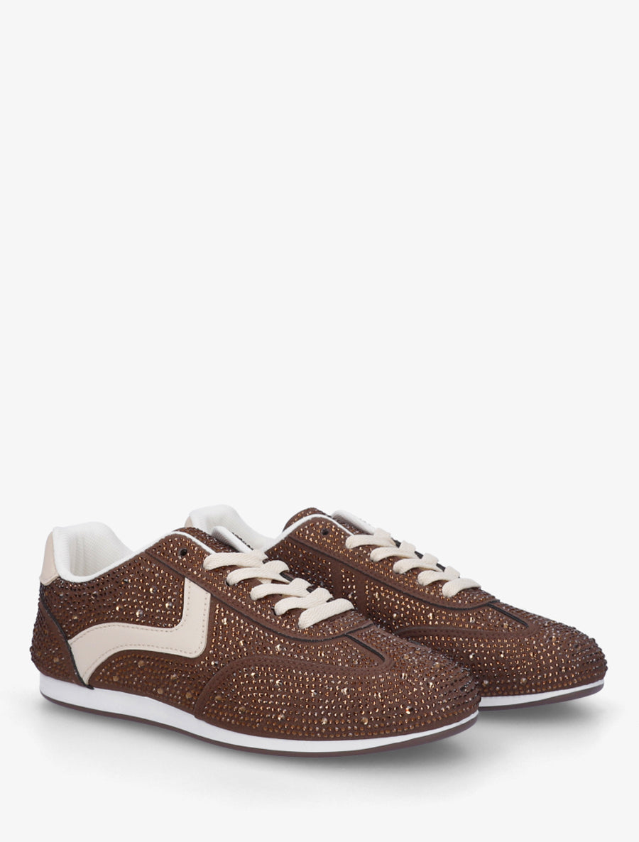 Sneakers effet nubuck à strass - Marron - 4