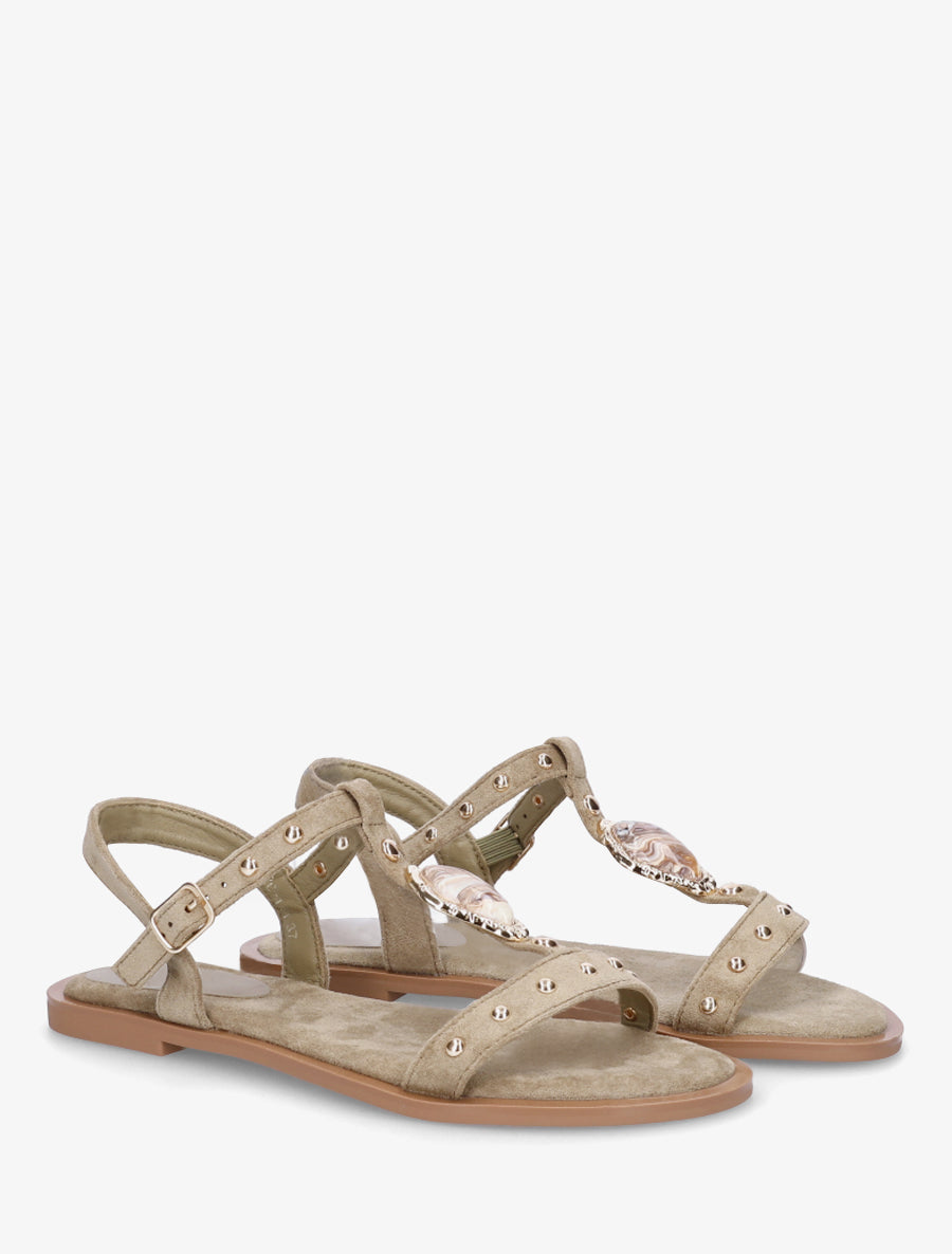 Sandales en suédine à empiècement bijou - Kaki - 4