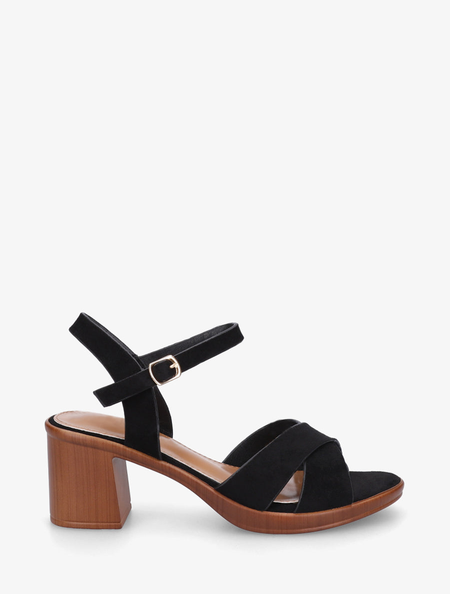 Sandales croisées en suédine à talon carré - Noir - 1