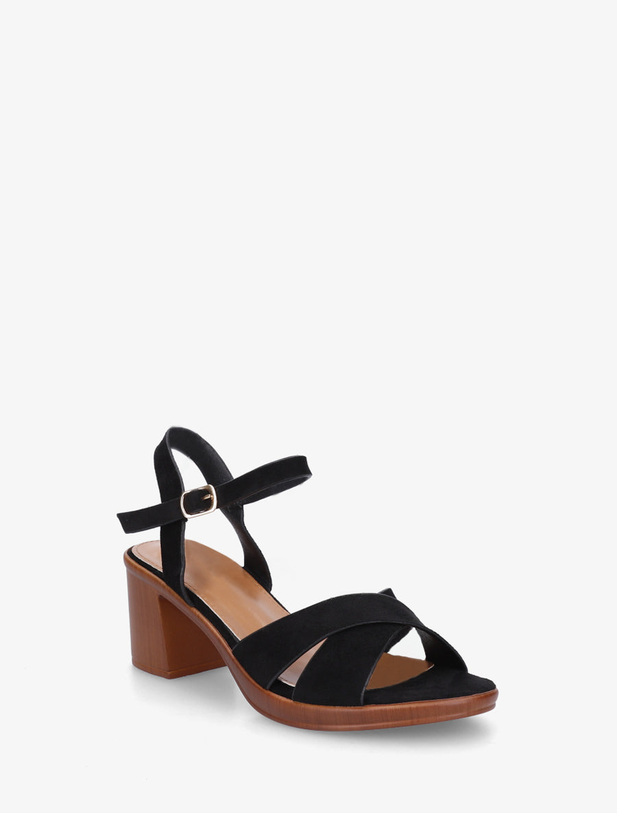 Sandales croisées en suédine à talon carré - Noir - 2