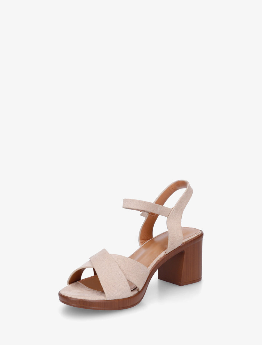 Sandales croisées en suédine à talon carré - Beige - 3