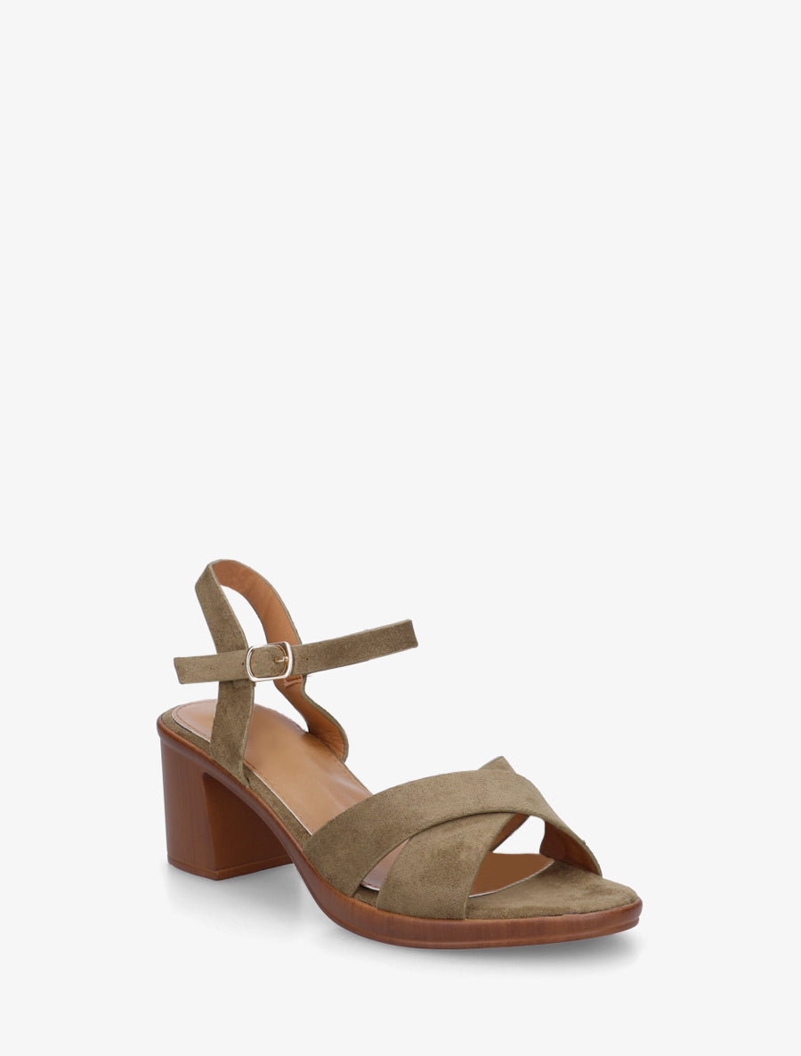 Sandales croisées en suédine à talon carré - Kaki - 2