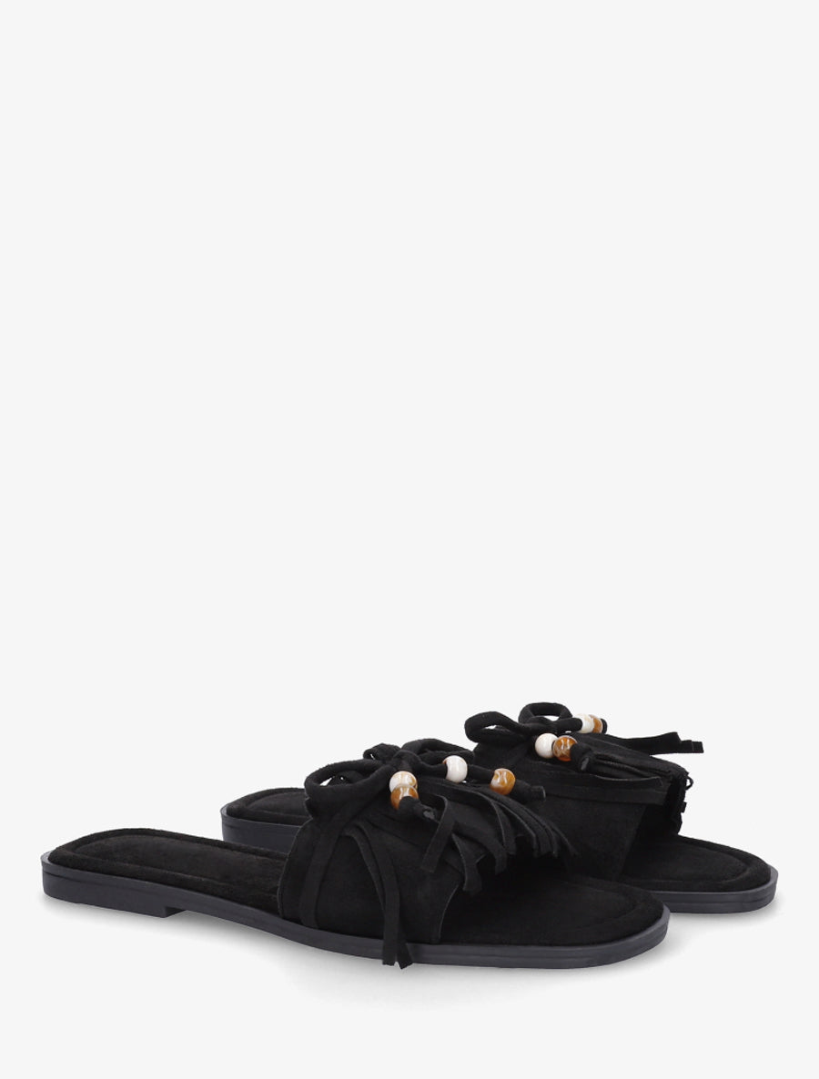 Mules en suédine à frange et noeud - Noir - 4