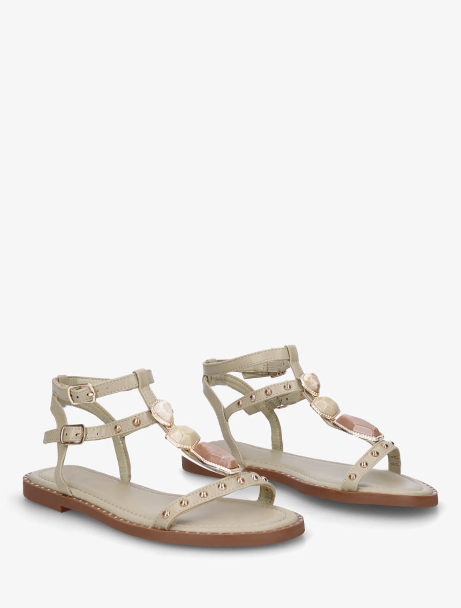 Nu-pieds en simili à empiècement pierres - Kaki clair - 4