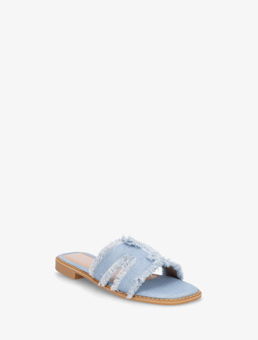 Claquettes en tissu effet effiloché - Bleu denim - 2