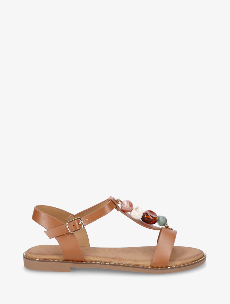 Sandales plates en simili à pierres colorées - Camel - 1