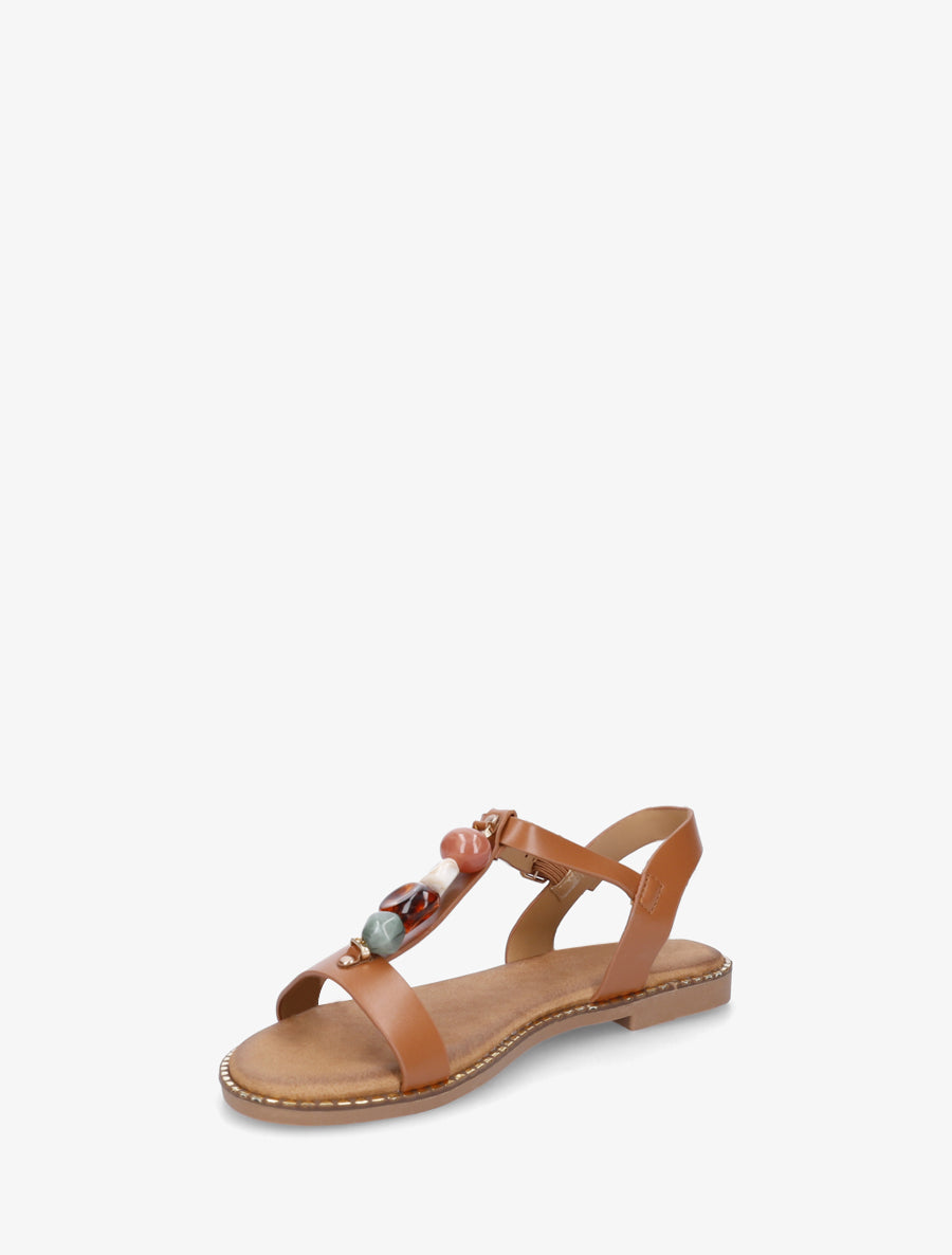 Sandales plates en simili à pierres colorées - Camel - 3