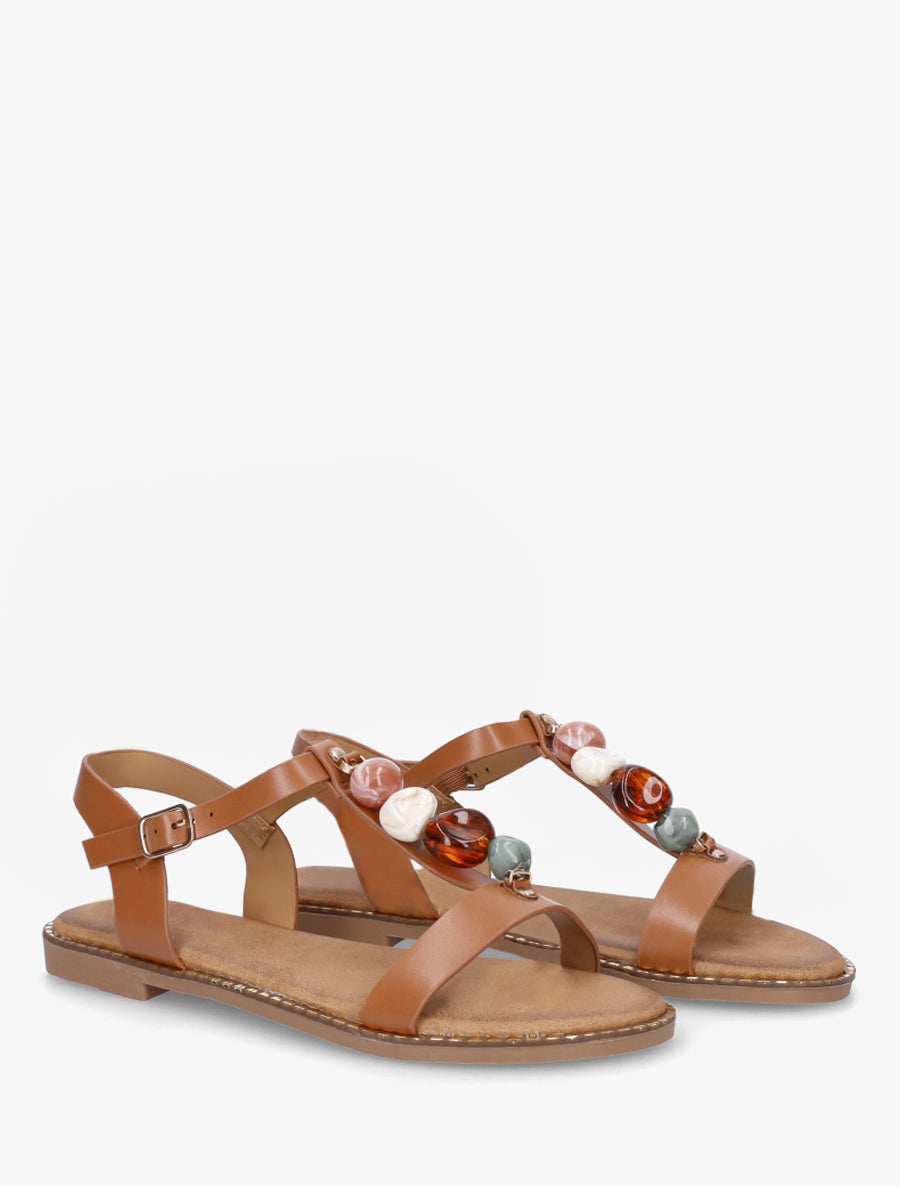 Sandales plates en simili à pierres colorées - Camel - 4