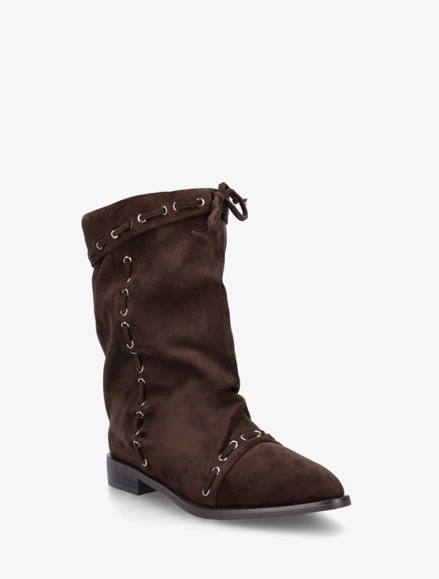 Bottines en suédine à cordons de serrage - Marron - 2