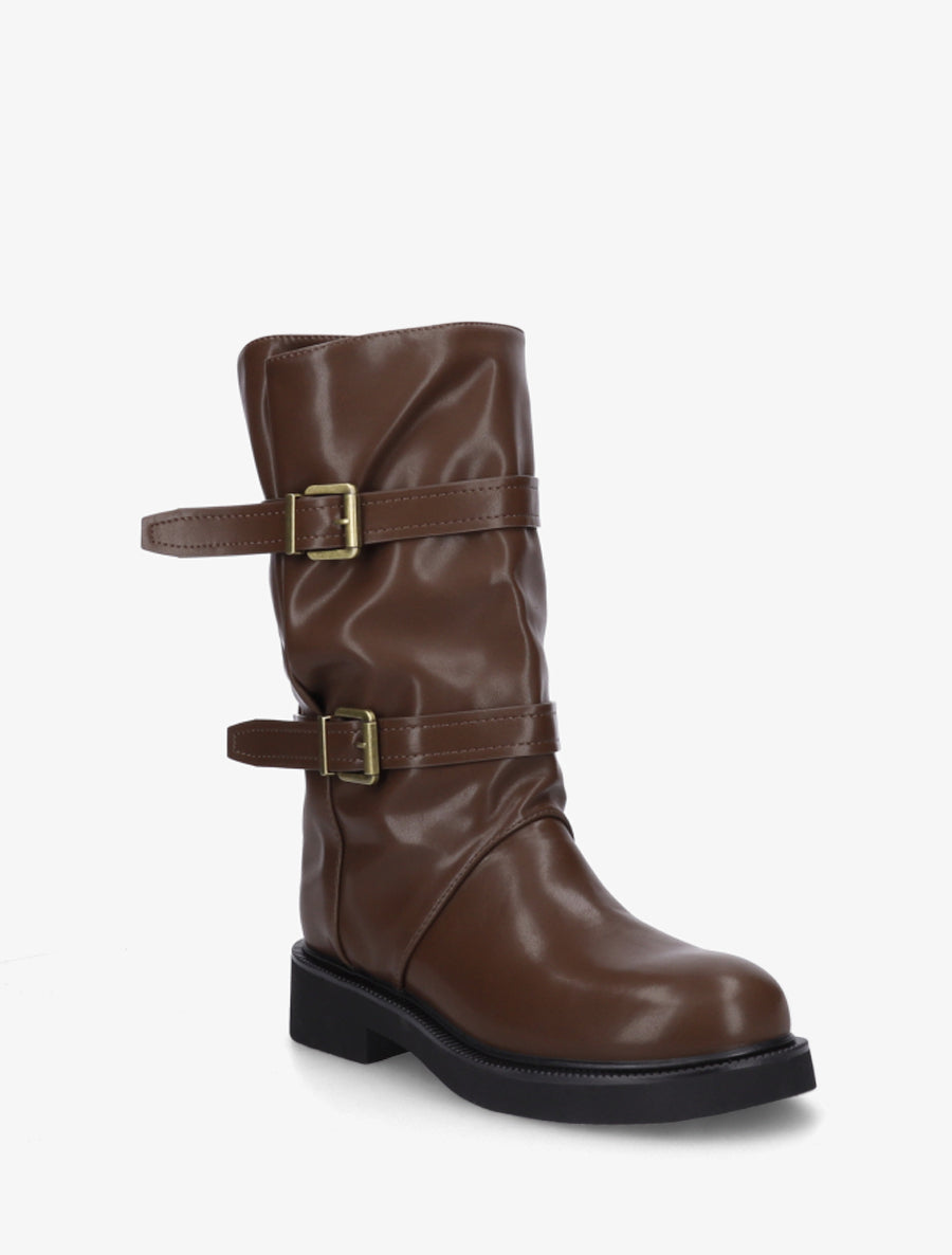 Bottines en simili à double sangles - Marron - 2
