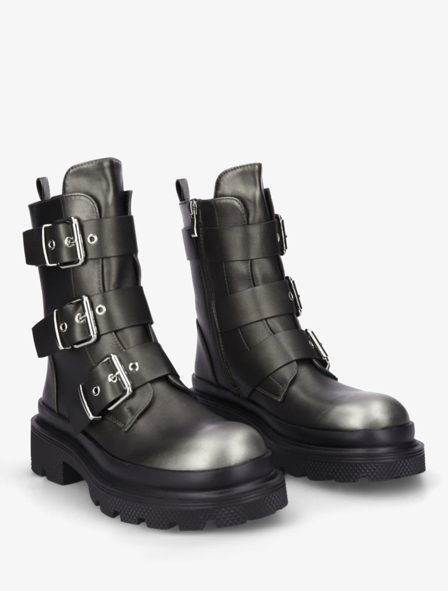 Bottines nacrées à sangles et semelles crantées - Gris - 4