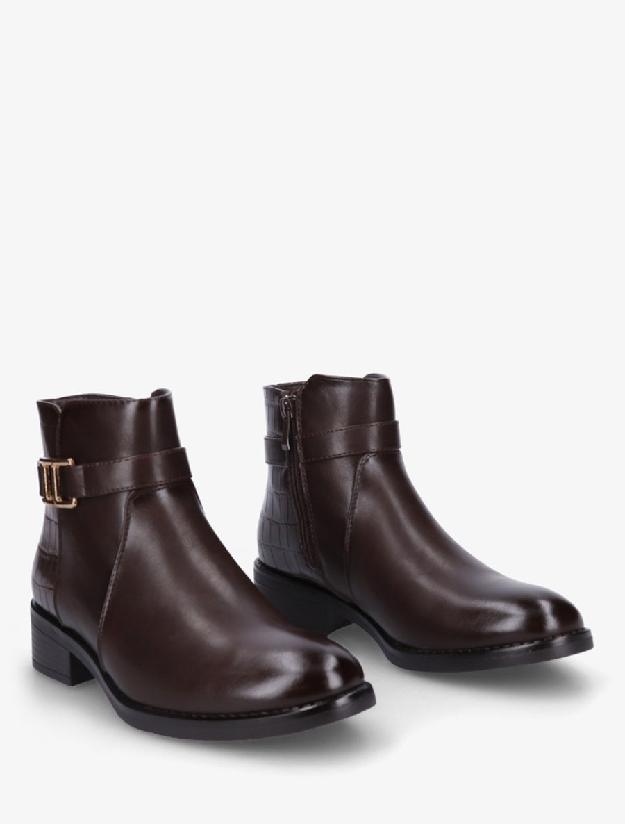 Bottines à contrefort effet croco et boucle décorative - Marron - 4