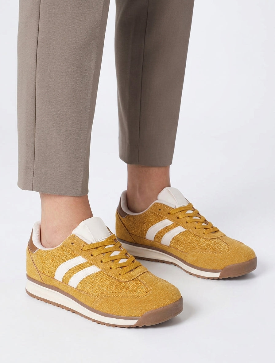 Sneakers van stof met tweed-effect - Mosterdgeel
