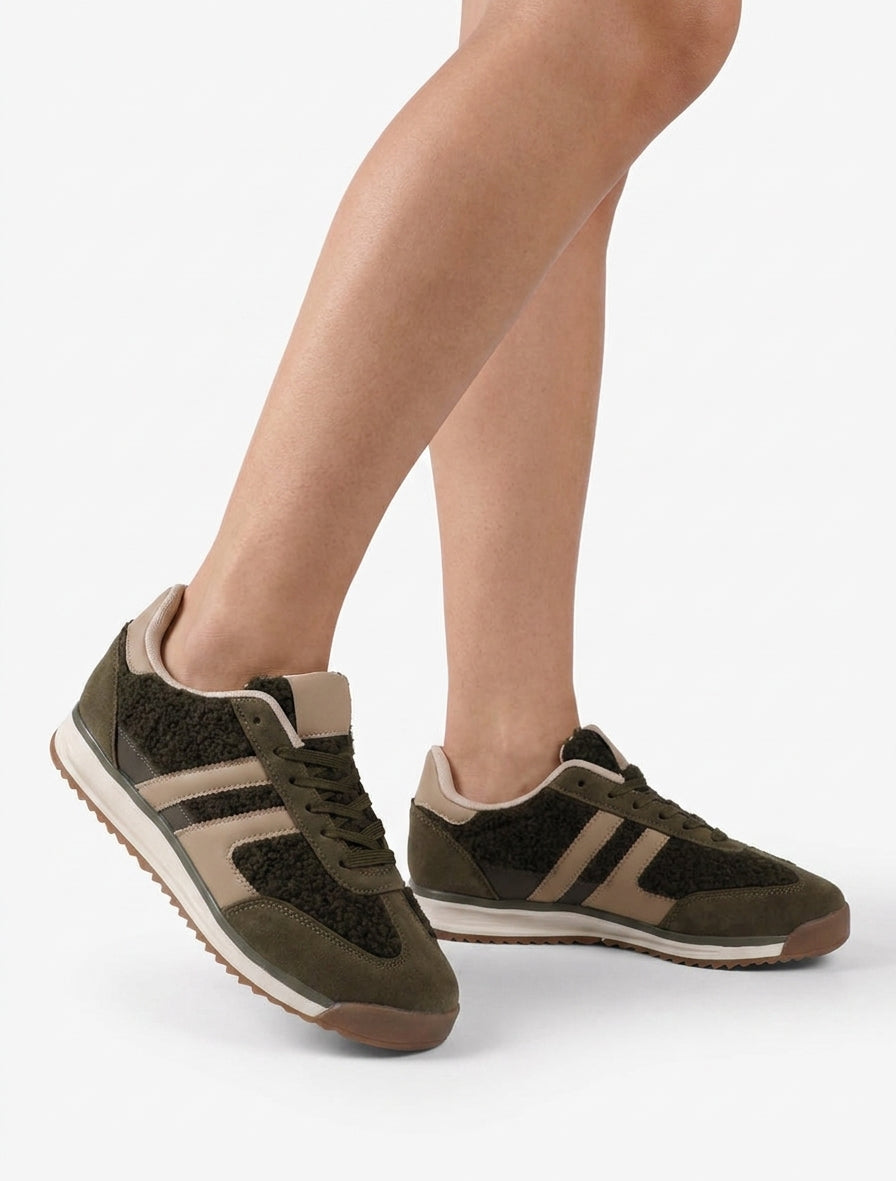 Sportschoenen van stof in bouclé-wol stijl - Kaki
