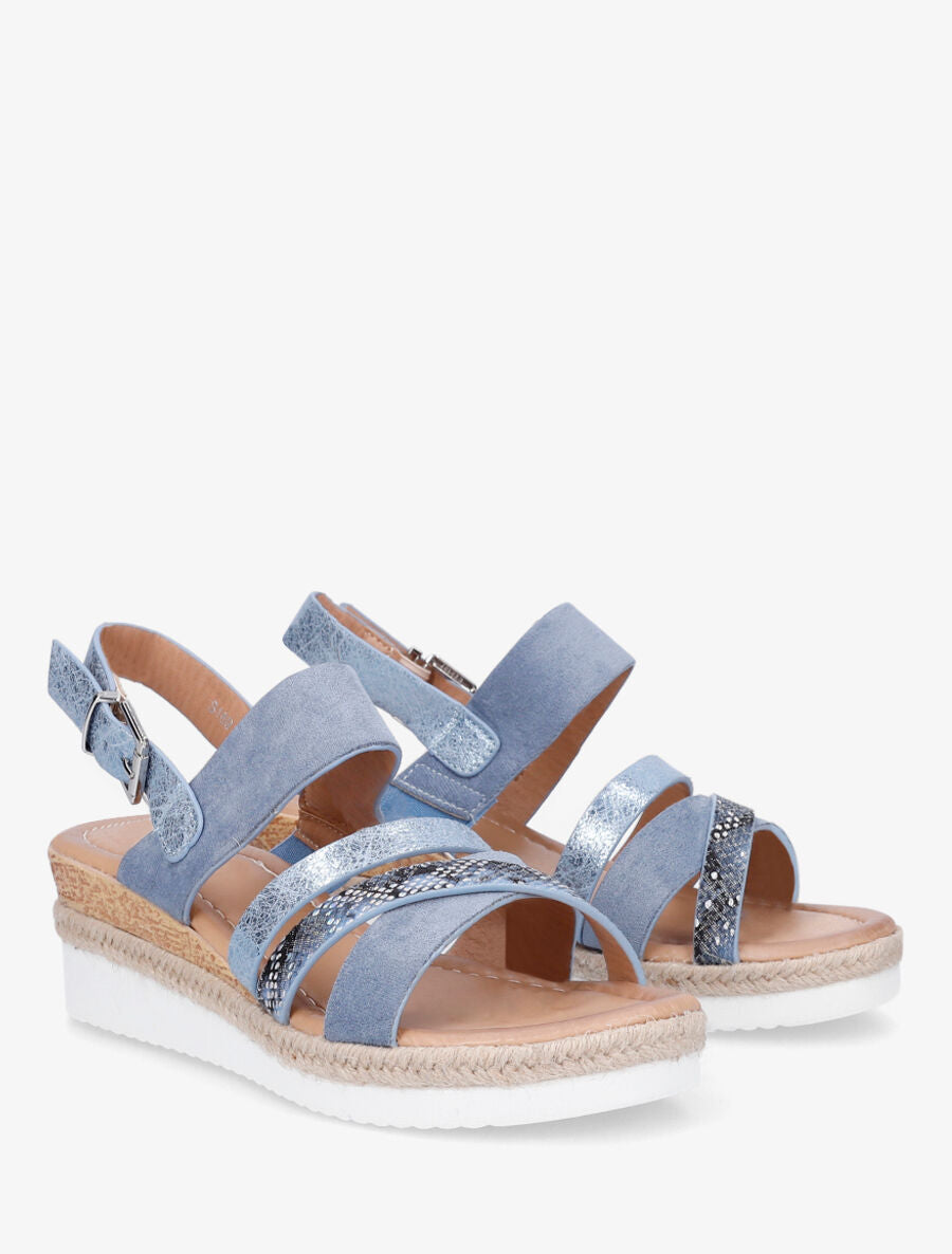Sandales compensées en simili et suédine - Bleu - 4