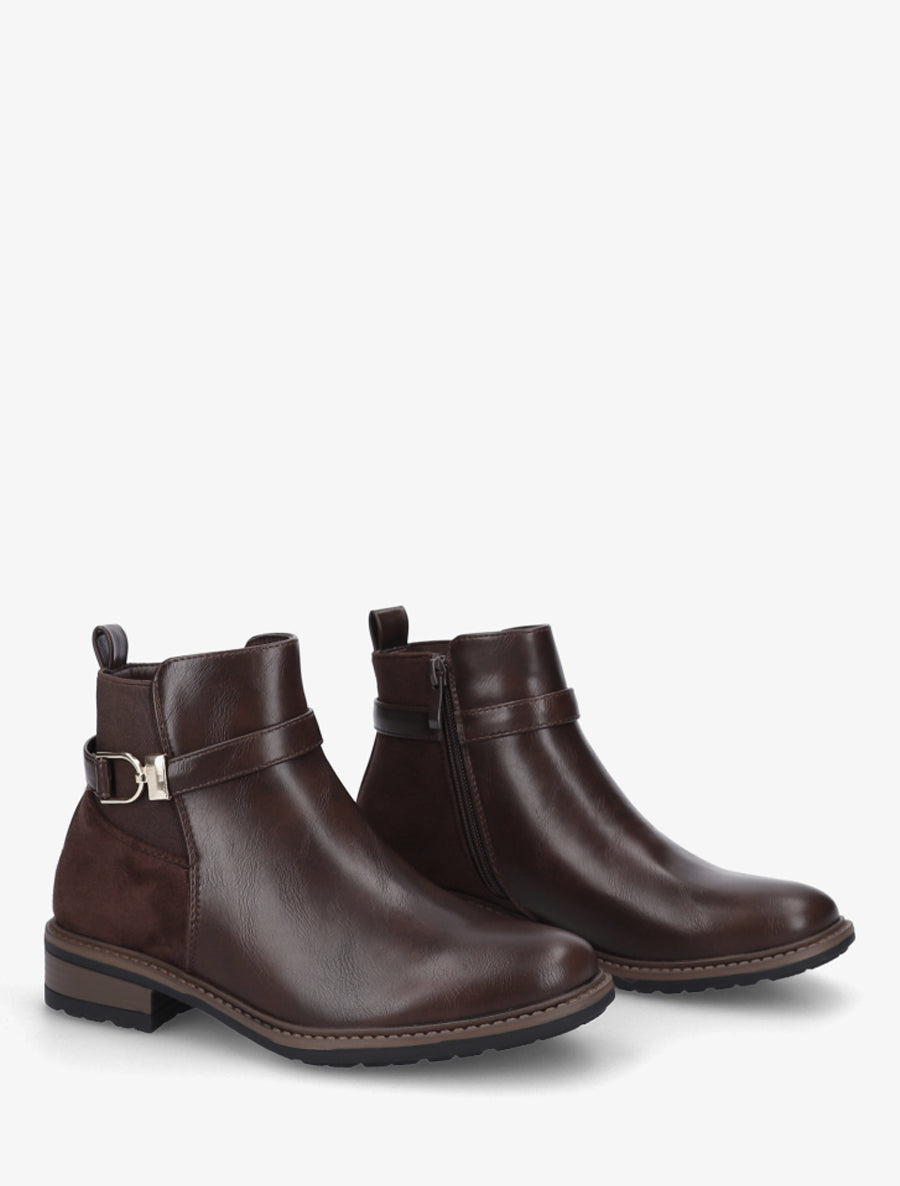 Bottines élastiquées bimatière à boucle métallique - Marron - 4