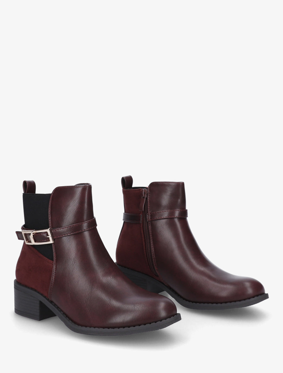 Bottines élastiquées bimatière à boucle métal - Lie de vin - 4