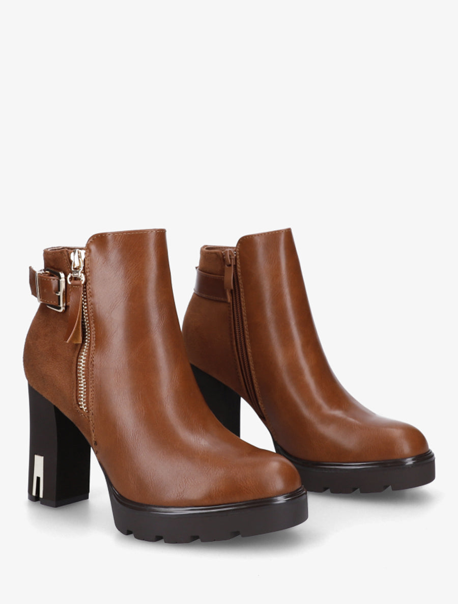 Bottines bimatière à zip décoratif - Camel - 4