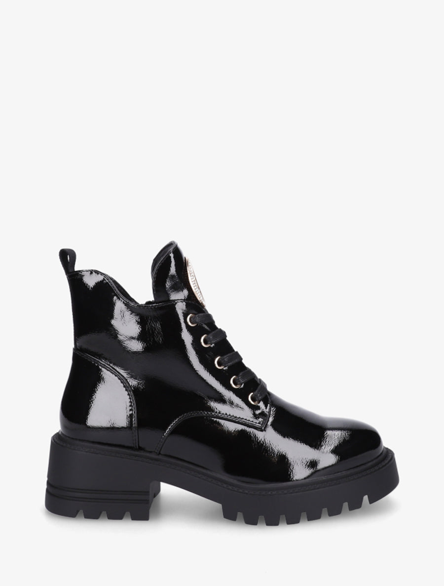 Boots vernies à bijou métal strassé - Noir - 1