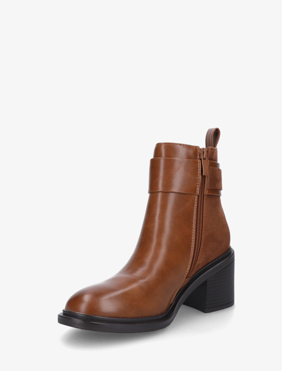 Bottines bimatière à talon bloc - Camel - 3