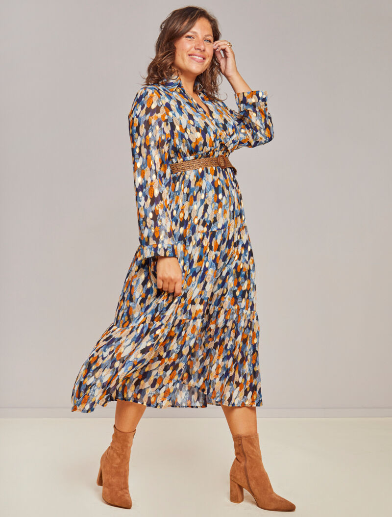 Robe longue à motif feuilles stylisées - Bleu marine - 4