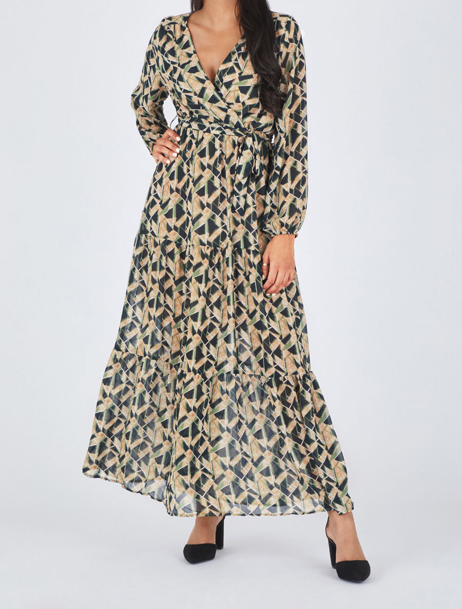 Robe longue en voile imprimé graphique - Noir - 4