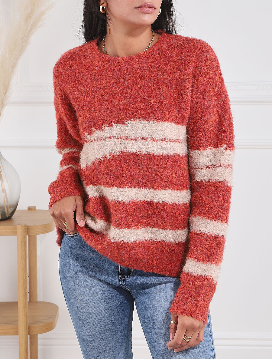 Pull duveteux à motif rayures - Rouge - 1