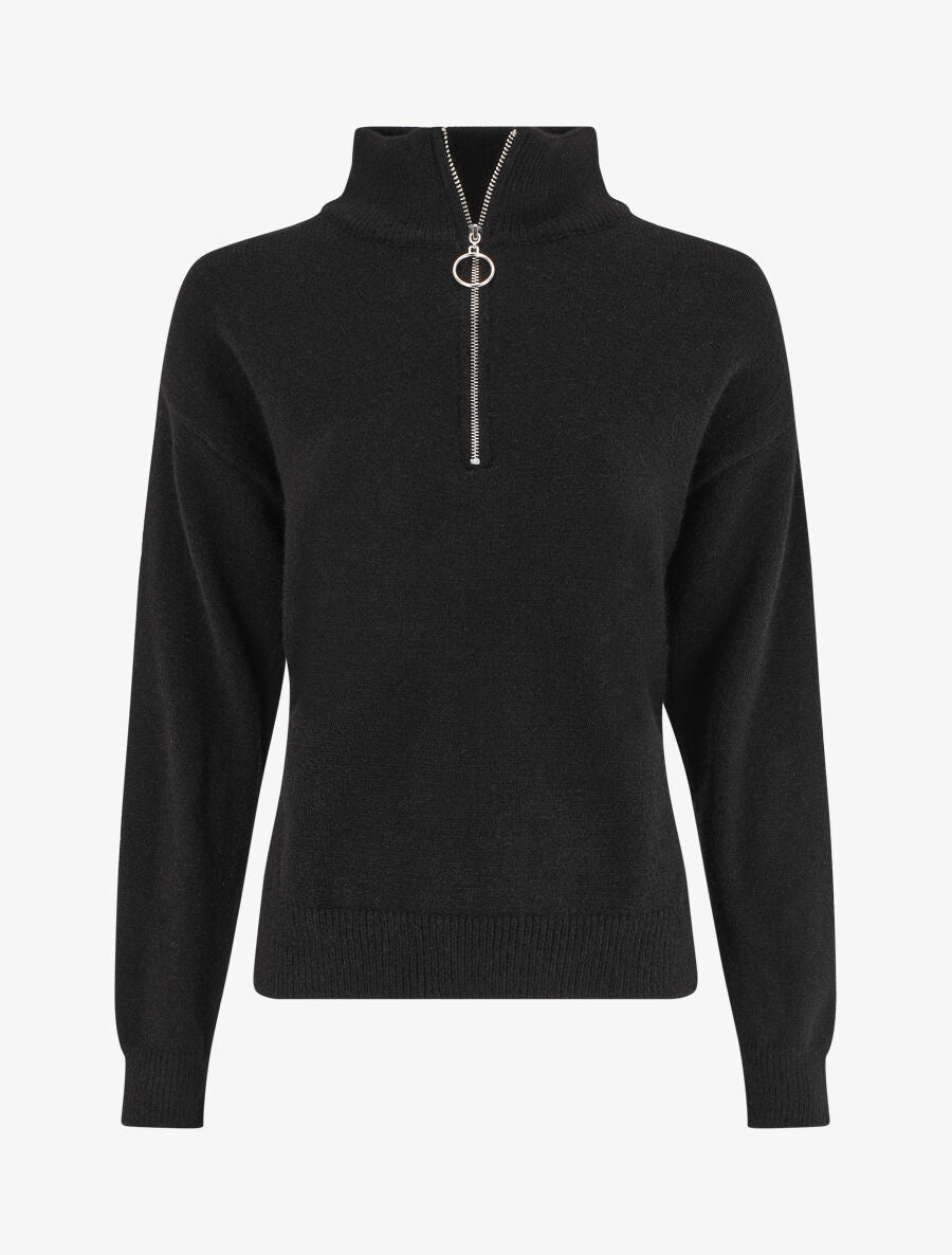 Pull uni à col montant zippé - Noir - 1