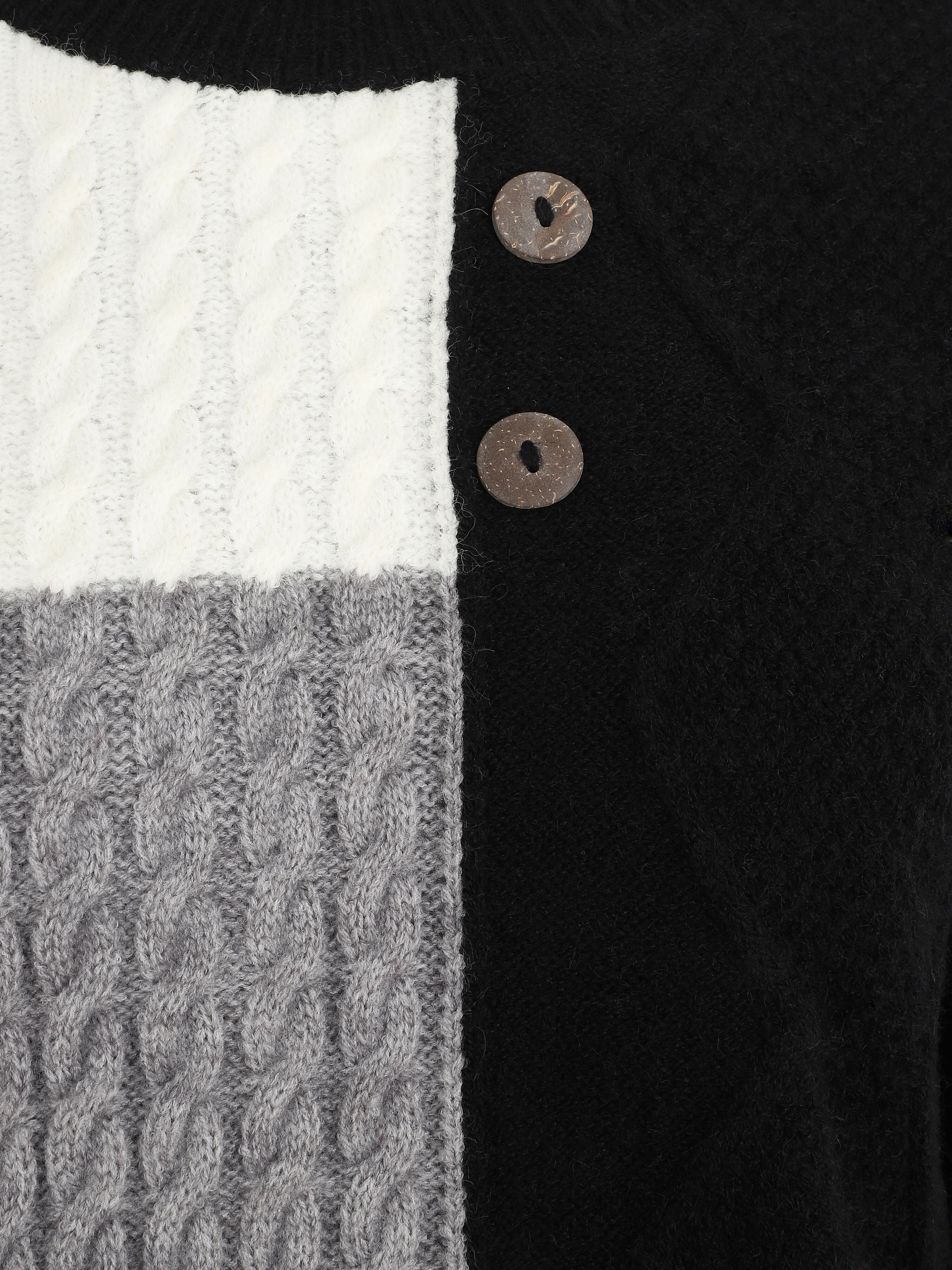 Pull col rond à motif quadrillé et boutons décoratifs - Noir - 3