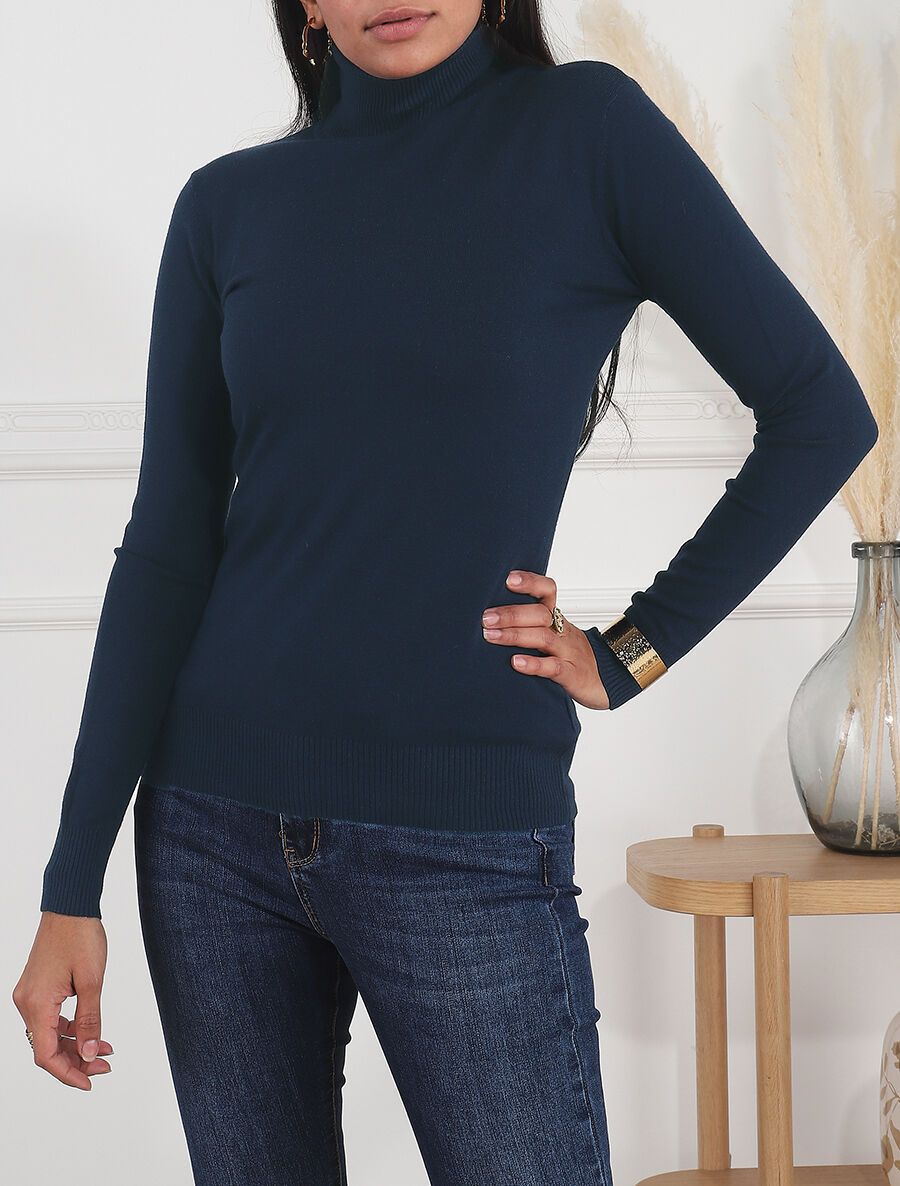 Pull fin en laine mélangée à col roulé - Marine - 4