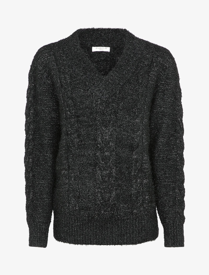 Pull en maille duveteuse tressée - Noir - 3