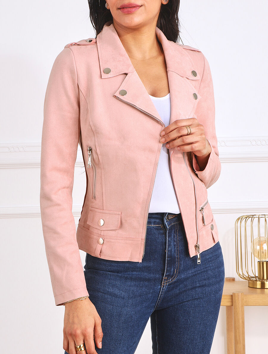 Veste en suédine style perfecto à zip - Rose - 4