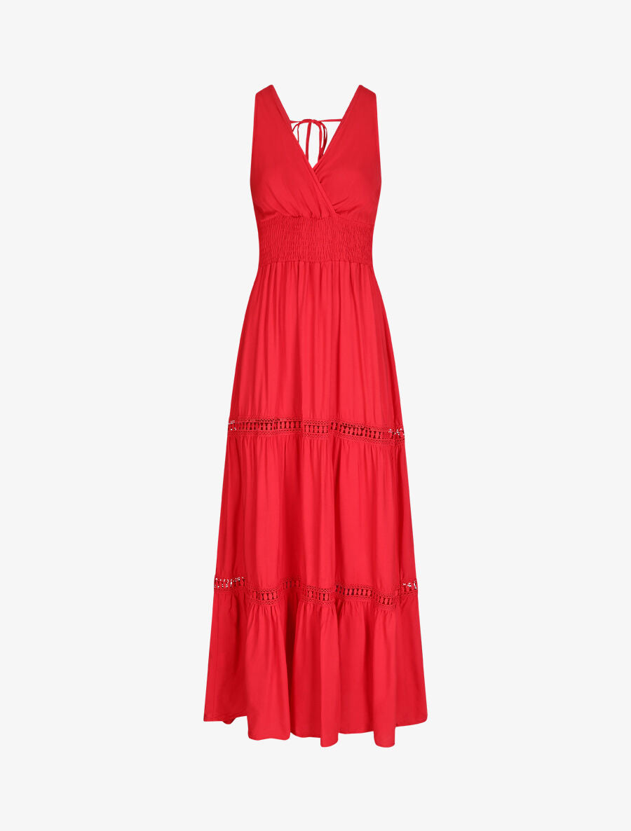 Robe longue unie à taille élastiquée - Rouge - 2