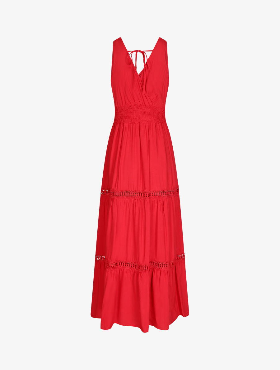 Robe longue unie à taille élastiquée - Rouge - 3
