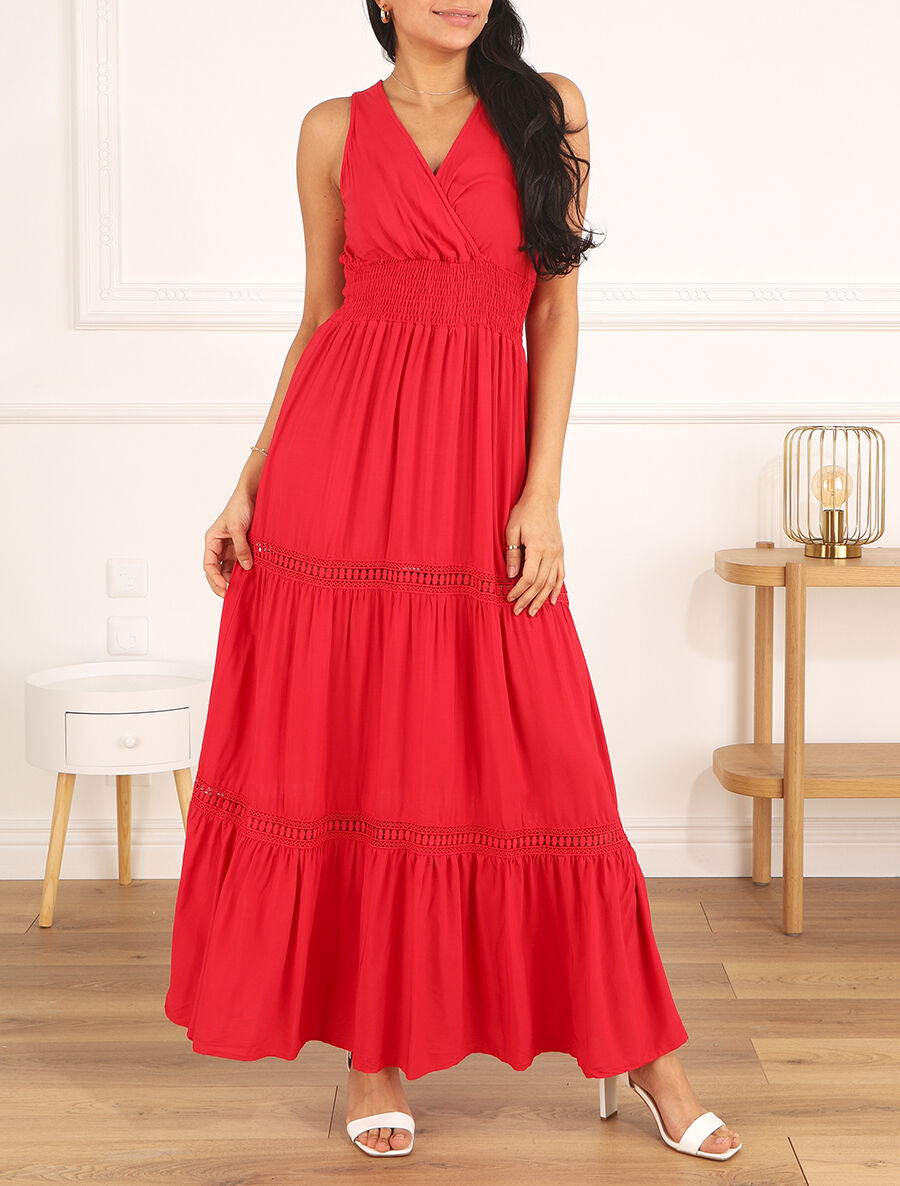Robe longue unie à taille élastiquée - Rouge - 1