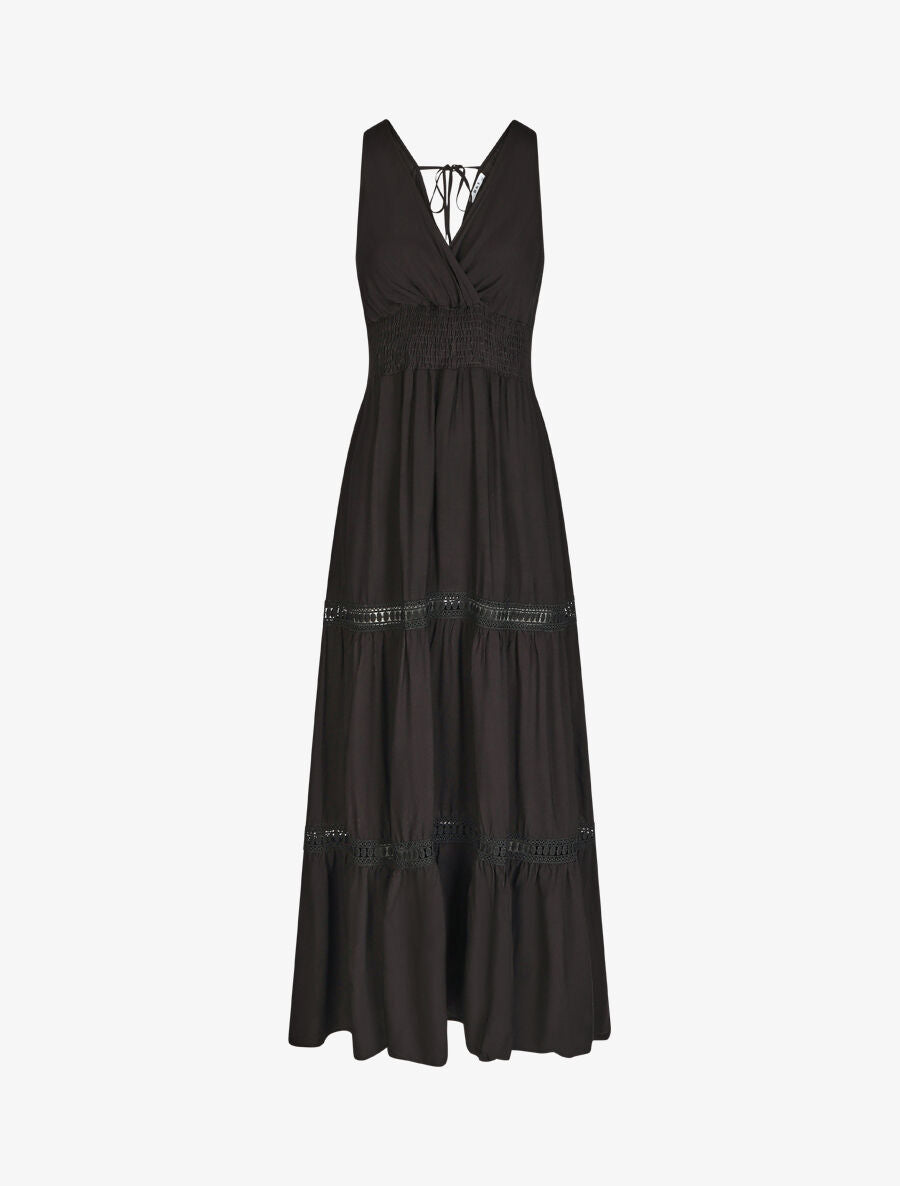 Robe longue unie à taille élastiquée - Noir - 4