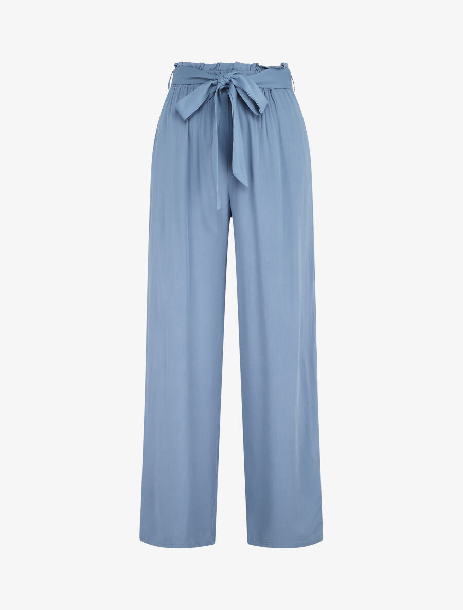 Pantalon droit uni taille haute élastiquée - Bleu - 1