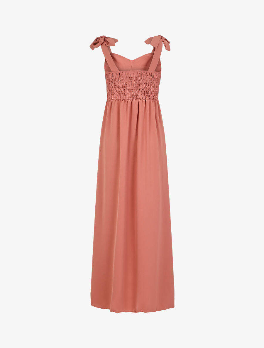 Robe longue unie évasée bretelles à nouer - Rose - 2